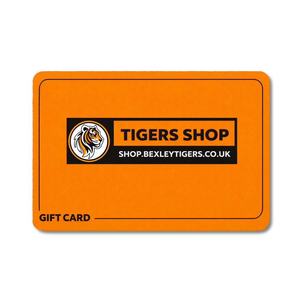 Orange gift card with 'Tigers Shop' branding on a black background.