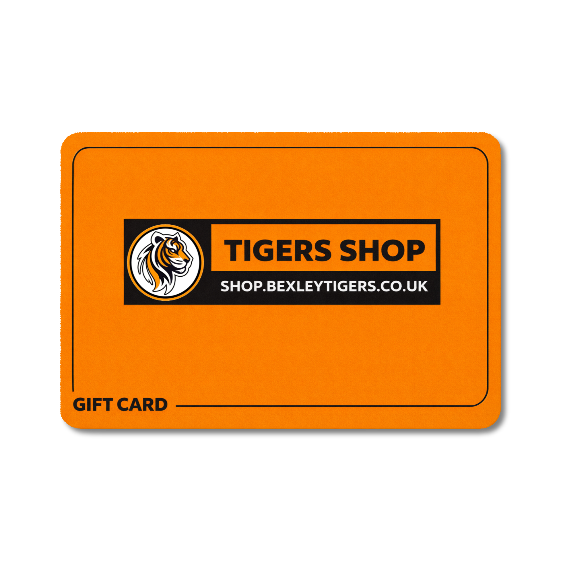 Orange gift card with 'Tigers Shop' branding on a black background.