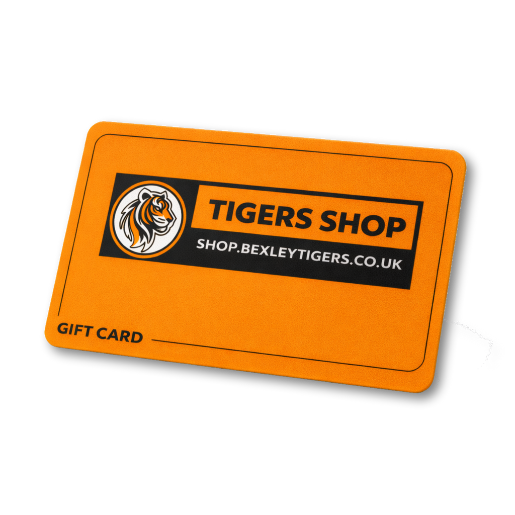 3D Orange gift card with 'Tigers Shop' branding on a black background.