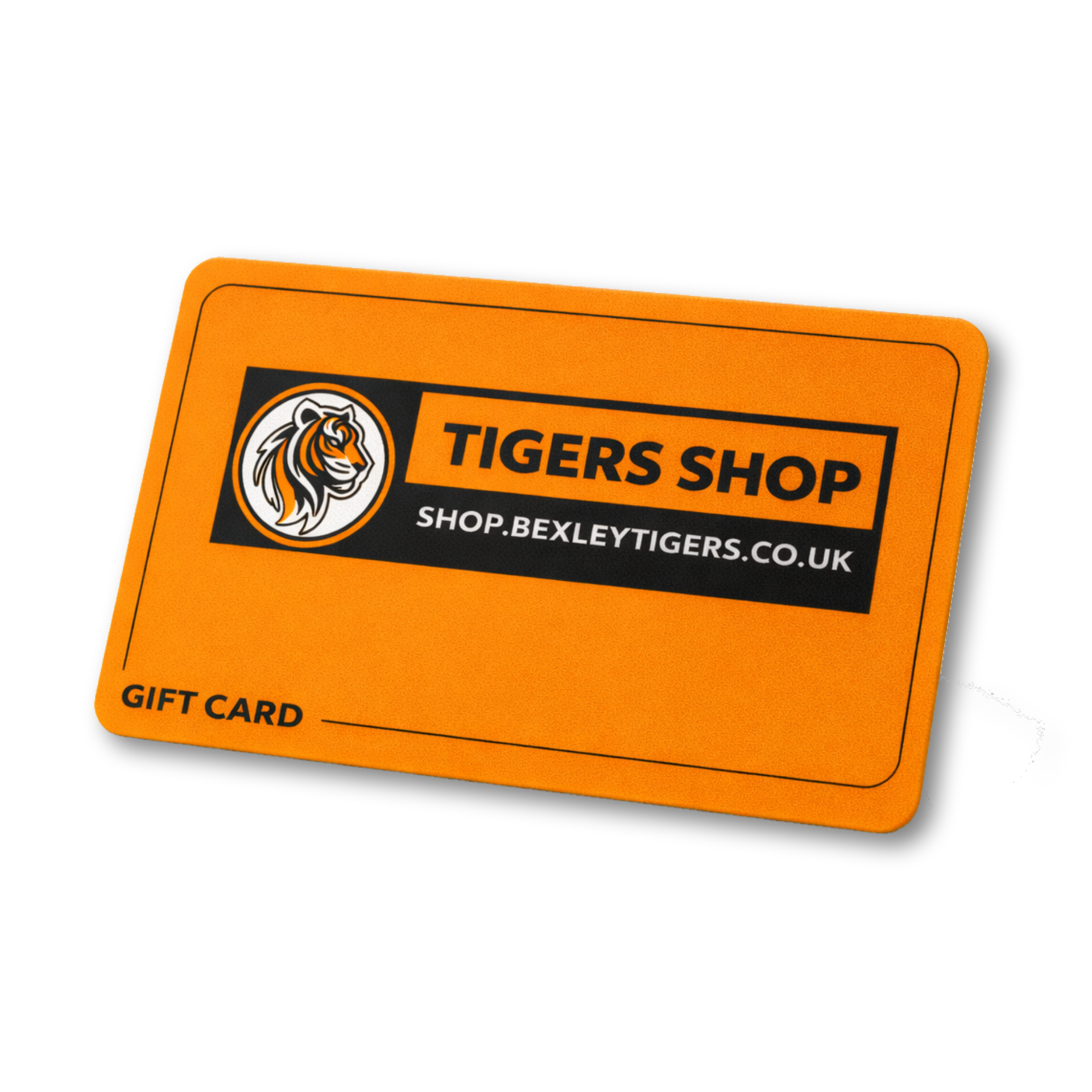 3D Orange gift card with 'Tigers Shop' branding on a black background.